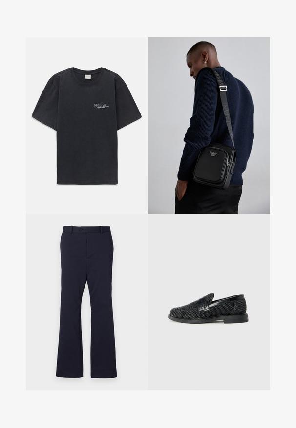 T-shirt nera a maniche corte con collo rotondo, dotata di un piccolo logo bianco "Filling Pieces" sul lato sinistro del petto.; Pantaloni blu navy realizzati in tessuto liscio con una linea dritta, tasche frontali e chiusura con un solo bottone in vita.; Scarpa nera a mocassino intrecciata con un accentuato in pelle liscia sulla parte superiore, design a punta rotonda e suola in gomma a profilo basso.; Borsa a tracolla in pelle nera con un scomparto con zip, dettaglio del logo e una tracolla regolabile con branding. Indossata sopra un maglione blu navy a trama.