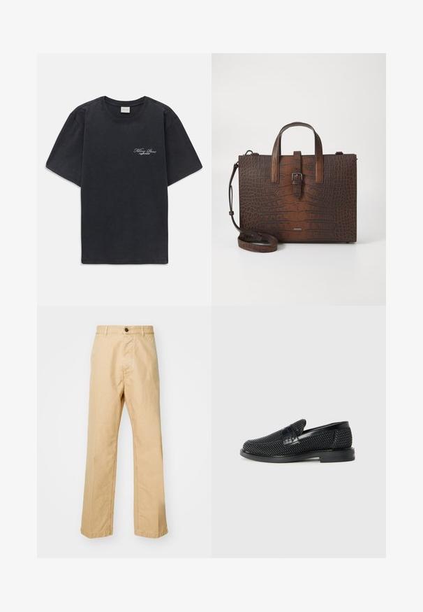 Sort kortærmet t-shirt med rund hals og lille hvidt "Filling Pieces" tekstlogo på venstre bryst.; Khaki chinos med lige pasform, lavet af bomuldsstof, med frontknaplukning og bæltestropper. Glat tekstur, ingen mønster.; Sort vævet slip-on sko med en glat læderdetalje på overdelen, en rund tådesign og en lavprofil gummisål.; Brun krokodillede lædertaske med topstænger og en aftagelig skulderrem. Har en spænde lukkefunktion og rektangulær form.