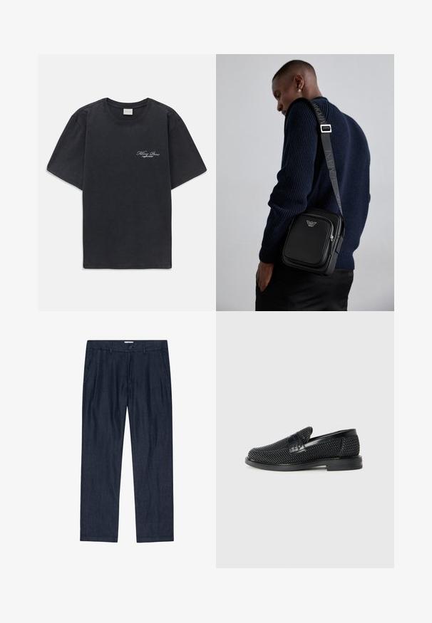 T-shirt nera a maniche corte con collo rotondo, dotata di un piccolo logo bianco "Filling Pieces" sul lato sinistro del petto.; Pantaloni blu scuri, morbidi, realizzati in un tessuto testurizzato con chiusura a bottone e tasche laterali; design a gamba dritta con una finitura morbida.; Scarpa nera a mocassino intrecciata con un accentuato in pelle liscia sulla parte superiore, design a punta rotonda e suola in gomma a profilo basso.; Borsa a tracolla in pelle nera con un scomparto con zip, dettaglio del logo e una tracolla regolabile con branding. Indossata sopra un maglione blu navy a trama.