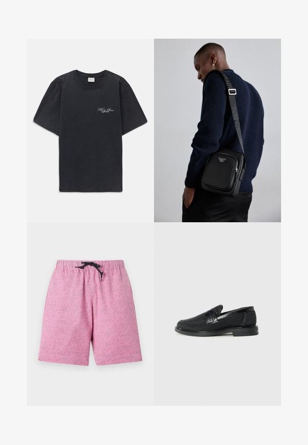 Melna īsās piedurknes T-kreklā ar mazu balto "Filling Pieces" tekstu logotipu uz kreisā krūšu.; Rozā rakstainas peldbikses ar elastīgu jostu un melnu auklu. Materiāls izskatās viegls un tam ir teksturēta virsma.; Melnas austas slaidu kurpes ar gludu ādas akcentu augšpusē, apaļas formas purngalu un zemas profila gumijas zoli.; Melnas ādas plecu soma ar rāvējslēdzēja nodalījumu, logotipa detaļām un markētu regulējamu siksnu. Valkāta kopā ar teksturētu tumši zilu džemperi.