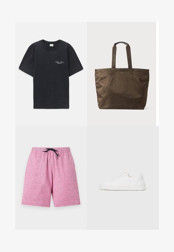 Svart kortermet t-skjorte med rund hals og liten hvit "Filling Pieces" tekstlogo på venstre bryst.; Rosa mønstrede svømshorts med elastisk talje og sort snor. Materialet virker letvægts med en tekstureret overflade.; Hvit sneaker med en glatt skinnoverdel, avrundet tå, snøring, teksturerte sideakenter og en tykkgummisåle. Minimalistisk design.; Brun nylon tote bag med to stoffhåndtak og en glatt tekstur. Har minimal merking på forsiden.