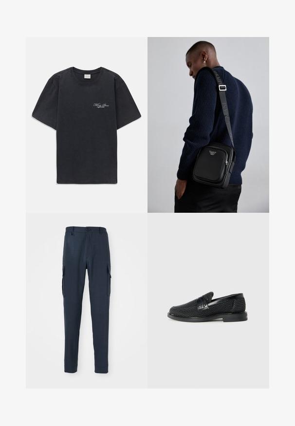 Tricou negru cu mânecă scurtă și gât rotund, având un mic logo alb "Filling Pieces" pe partea stângă a pieptului.; Pantaloni cargo bleumarin dintr-un material texturat, cu o croială slim, închidere cu buton la talie și buzunare laterale pentru o funcționalitate suplimentară.; Pantofii negri din material textil, cu accent din piele netedă pe partea superioară, design cu vârf rotund și talpă din cauciuc de profil redus.; Geantă crossbody din piele neagră, cu un compartiment cu fermoar, detaliu cu logo și o curea ajustabilă cu marcă. Pură împotriva unui pulover texturat de culoare bleumarin.