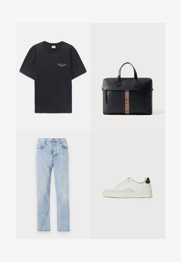 Melna īsās piedurknes T-kreklā ar mazu balto "Filling Pieces" tekstu logotipu uz kreisā krūšu.; Gai zila džinsu bikses ar taisnu kāju dizainu, piecu kabatu stilu un redzamām šuvēm. Materiāls ir mīksts ar nedaudz izbalējušu apdari.; Baltas sneakers ar zamša akcentiem, noapaļota purngala, plakaniem auklām un krēmkrāsas gumijas zoli. Ar zaļu zīmolu uz papēža.; Paul Smith BAG FOLIO UNISEX - Portfelis - black