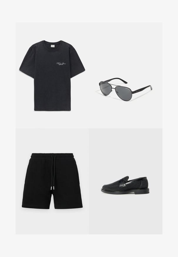 Mustat lyhythihaiset t-paidat, joissa on pieni valkoinen "Filling Pieces" -tekstilogo vasemmassa rinnassa.; Mustat puuvillashortsit, joissa on venykäinen vyötärö nauhalla, sivutaskut ja klassinen, rento malli. Sileä rakenne ilman kuvioita.; Musta kudottu liukupohjallinen kenka, jossa on sileä nahkakorostus päällisessä, pyöreä kärki ja matala kumipohja.; Mustat lentokonesankalasit tummilla linsseillä, ohuella metallikehyksellä ja hoikilla muovivarsilla, joissa on logopainatuksia.