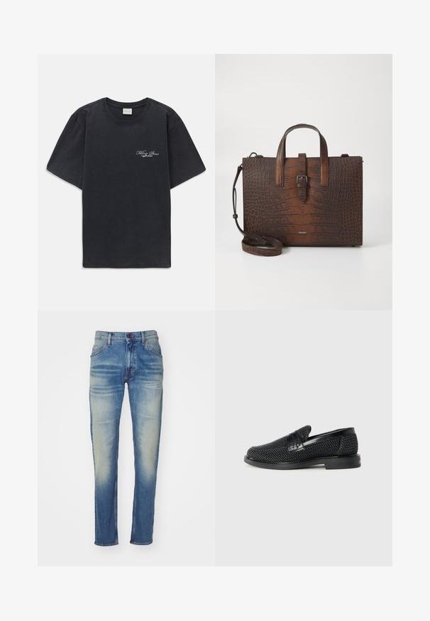 Čierne tričko s krátkym rukávom a okrúhlym výstrihom s malým bielym textovým logom "Filling Pieces" na ľavej hrudi.; Svetlomodré denimové džínsy so strihom rovného strihu, s vybledlým umývaním, piatimi vreckami a gombíkovým zapínaním v páse.; Čierne tkané slip-on topánky s hladkým koženým akcentom na vrchnej časti, s okrúlym dizajnom špičky a nízkoprofilovou gumovou podrážkou.; Hnedá kabelka z kože s embosovaným vzorom krokodíla, vybavená hornými držadlami a odnímateľným ramenným popruhom. Má prackové zapínanie a obdĺžnikový tvar.