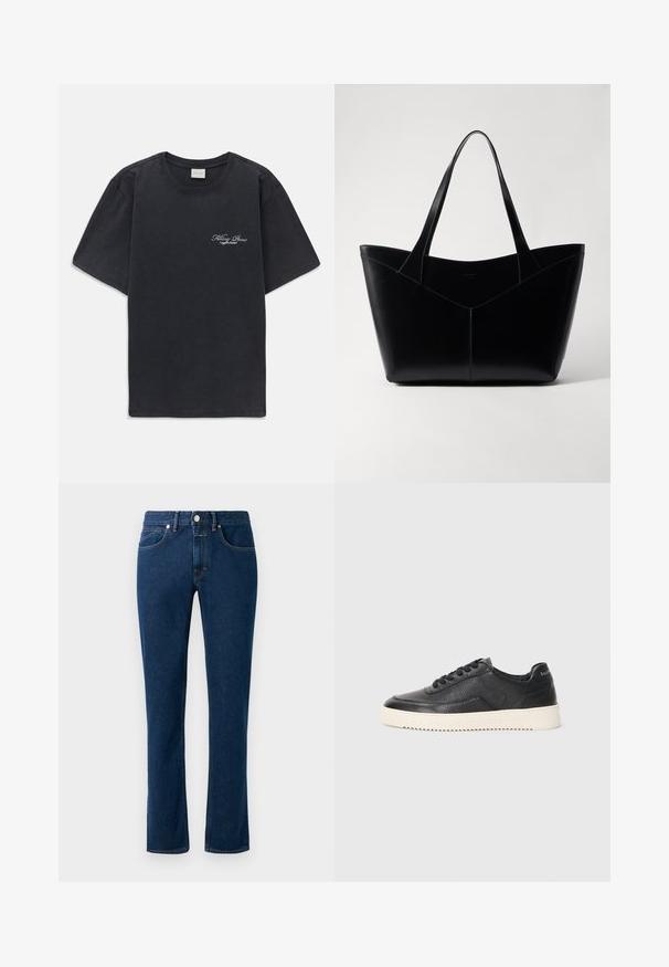 Mustat lyhythihaiset t-paidat, joissa on pieni valkoinen "Filling Pieces" -tekstilogo vasemmassa rinnassa.; Tummansiniset farkut, joissa on slim suora lahje, klassinen viiden taskun muotoilu ja nappikiinnitys vyötäröllä.; Mustat nahkakengät, joissa on teksturoitu pinta, pyöreä varvas ja litteat valkoiset kumipohjat. Varustettu mustilla nauhoilla ja brändäyksellä kannassa.; Mustan nahkainen olkalaukku, jossa on jämäkkä muoto, kahdella pitkällä kahvalla ja V-muotoisella sauman yksityiskohdalla edessä. Sileä pinta.