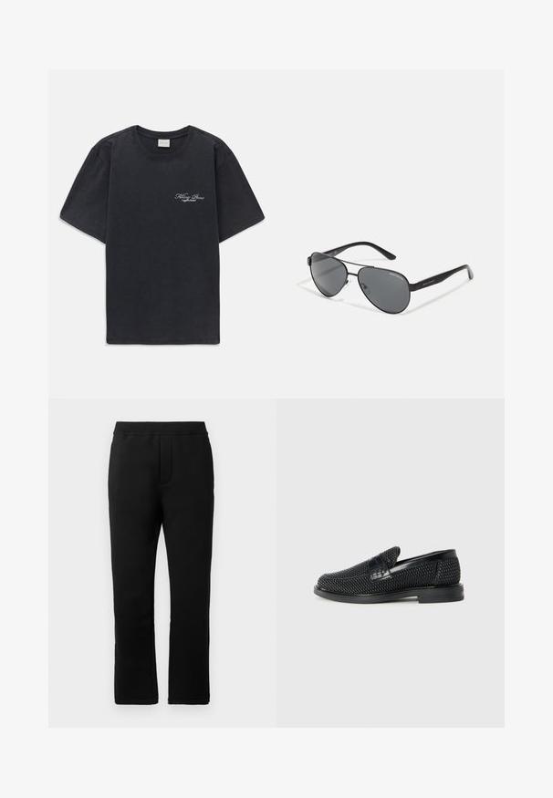 Black short-sleeve crew neck t-shirt with small white "Filling Pieces" text logo on the left chest.; Black sweatpants with a smooth texture, elastic waistband, and two side pockets. Straight-leg design with a clean finish.; Black woven slip-on shoe with a smooth leather accent on the upper, a round toe design, and a low-profile rubber sole.; Black aviator sunglasses with dark lenses, thin metal frame, and slender plastic arms featuring logo accents.