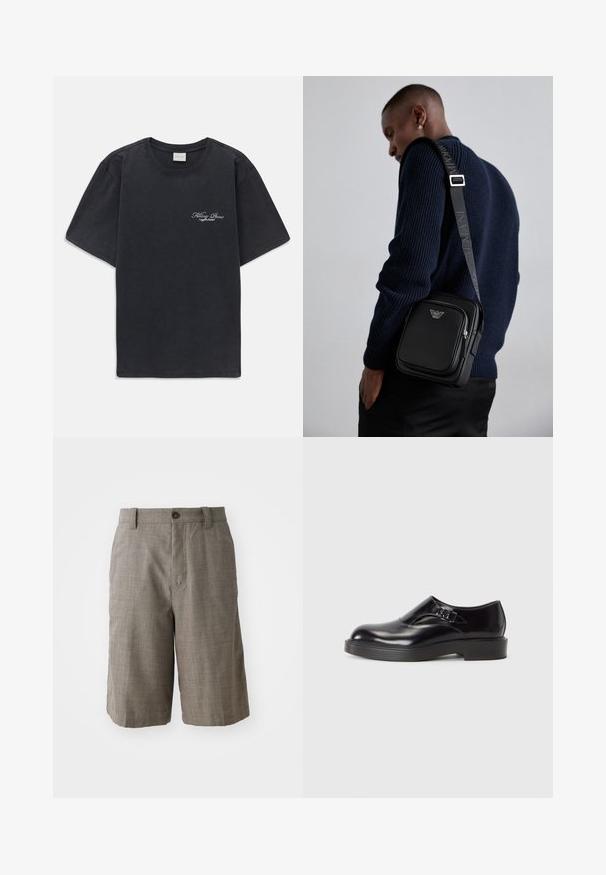 Čierne tričko s krátkym rukávom a okrúhlym výstrihom s malým bielym textovým logom "Filling Pieces" na ľavej hrudi.; Sivé kockované kraťasy s prispôsobeným strihom, s predným gombíkovým zapínaním a dvoma bočnými vreckami. Vyrobené z texturovanej látky.; Čierna kožená topánka s zaoblenou špičkou, nízkym čiernym opätkom a dekoratívnym remienkom. Hladká textura s lesklým povrchom.; Čierna kožená kabelka cez telo s uzatvárateľnou priehradkou, detailom loga a nastaviteľným popruhom s nápisom značky. Nosená proti textúrovanej námorníckej svetri.