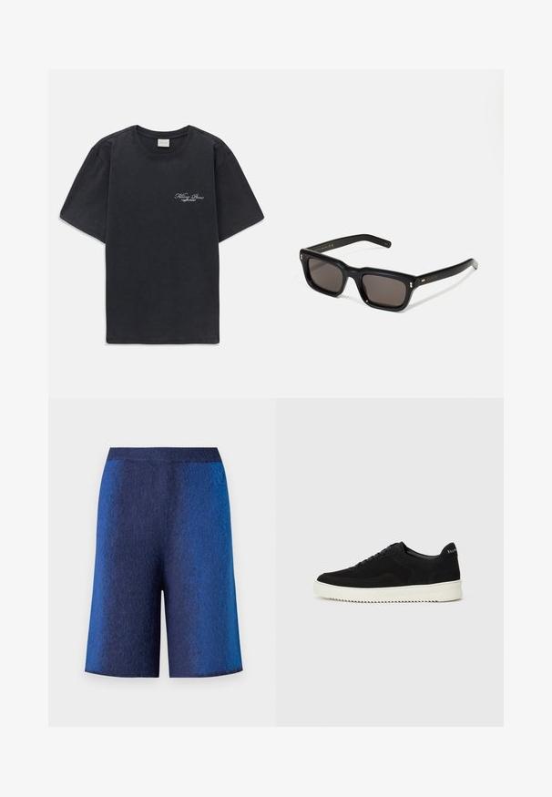 Black short-sleeve crew neck t-shirt with small white "Filling Pieces" text logo on the left chest.; Navy blue shorts with a textured finish, featuring a straight cut and a seamless waistband, designed for comfort and a casual look.; Black suede sneaker with lace-up design and contrasting white rubber sole. Features textured side panels and subtle branding on the heel.; Black rectangular sunglasses with dark lenses, thick plastic frame, gold accents on temples, and brand logo engraved on the arm.