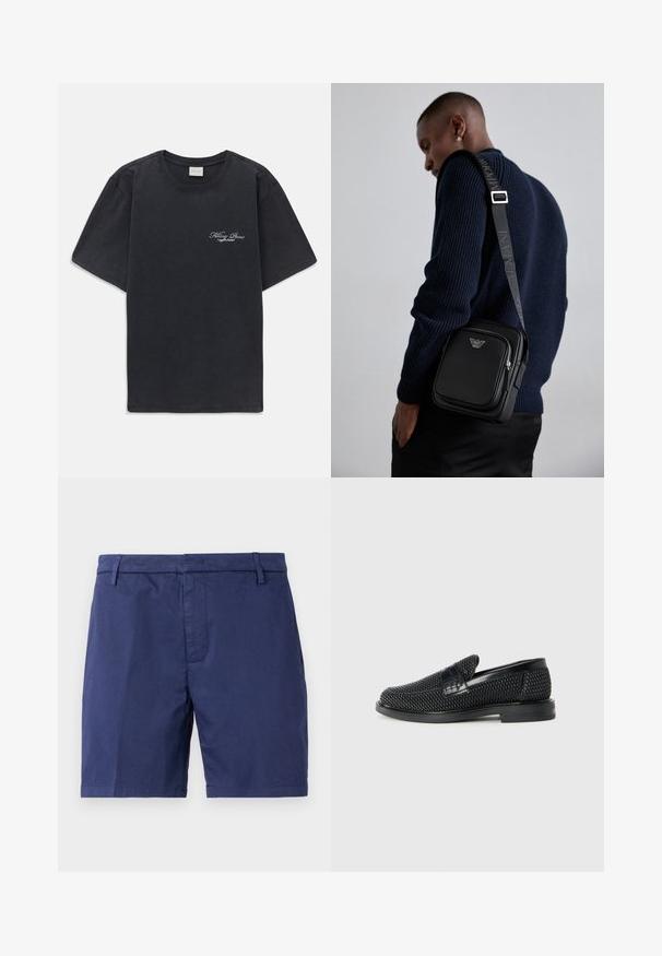 Svart kortermet t-skjorte med rund hals og liten hvit "Filling Pieces" tekstlogo på venstre bryst.; Mørkeblå bomullsshorts med flat front, to sidelommer og rett kant. Har beltehemper og en glatt tekstur.; Sorte vevde slip-on sko med en glatt lærdetalj på overdelen, design med rund tå og en lavprofil gummisåle.; Svart lær crossbody-veske med en glidelåslomme, logo-detalj og justerbar rem med merke. Båret mot en teksturert marineblå genser.