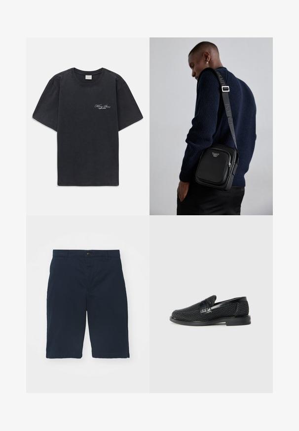Černé tričko s krátkým rukávem a kulatým výstřihem s malým bílým logem "Filling Pieces" na levé hrudi.; Námořnické modré šortky vyrobené z bavlny s plochým předním dílem, zapínáním na knoflík a bočními kapsami. Délka ke kolenům s hladkou texturou a čistými švy.; Černé pletené nazouvací boty s hladkým koženým akcentem na svršku, kulatou špičkou a nízkoprofilovou gumovou podrážkou.; Černá kožená crossbody kabelka s zipovou kapsou, detailem loga a nastavitelným popruhem se značkou. Nositá na texturovaném námořnickém svetr.