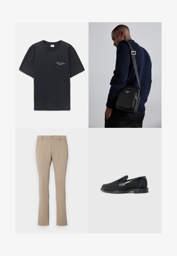 Svart kortermet t-skjorte med rund hals og liten hvit "Filling Pieces" tekstlogo på venstre bryst.; Beige bukser laget av bomullsmiks, med en slim fit, rett ben-design, frontlommer, og glidelås med stolpe.; Sorte vevde slip-on sko med en glatt lærdetalj på overdelen, design med rund tå og en lavprofil gummisåle.; Svart lær crossbody-veske med en glidelåslomme, logo-detalj og justerbar rem med merke. Båret mot en teksturert marineblå genser.