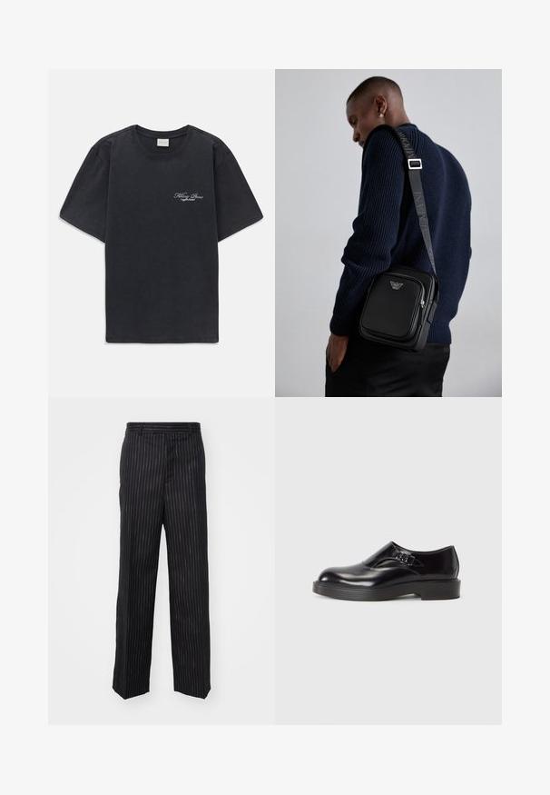 Black short-sleeve crew neck t-shirt with small white "Filling Pieces" text logo on the left chest.; Black pinstripe trousers with a tailored fit, featuring a smooth texture, a straight leg design, and subtle tonal detailing throughout.; Black leather shoe with a rounded toe, low black heel, and a decorative strap. Smooth texture with a shiny finish.; Black leather crossbody bag with a zippered compartment, logo detail, and a branded adjustable strap. Worn against a textured navy sweater.