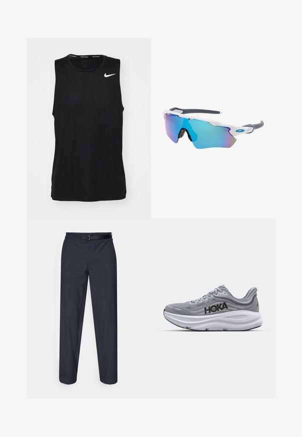 Čierny bezrukávový športový top vyrobený z hladkej látky. Na hornej ľavej strane sa nachádza biele logo Nike. Okruhly výstrih bez štítkov.; Tmavomodré nohavice so sťahovaním majú rovný strih, dve predné vrecká, čierny nastaviteľný opasok a hladkú textúru.; Šedá športová obuv s priedušnou vrchnou časťou z materiálu mesh, značka HOKA, polstrovaná medzipodrážka a gumová podrážka. Má zakrivený dizajn a textúrované detaily.; Slnečné okuliare s bielym rámom, so sivými akcentmi a modrými zrkadlovými sklami. Športový dizajn, okrúhly tvar a nastaviteľné nosové podložky.