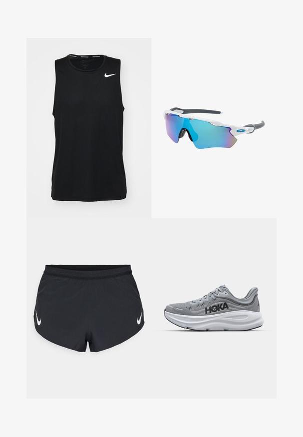 Musthave, ilma varrukateta sporditop, mis on valmistatud siledast kangast. Ülemisel vasakul küljel on valge Nike logo. Ümar kaelus ja sildita disain.; Mustad mustikasvärvi spordilühikesed püksid, mis on valmistatud kergest kangast, millel on tekstureeritud vöökoht ja valge Nike logo vasakul küljel.; Halluxi spordijalats, millel on võrkkangas, HOKA brändingu, pehmendatud vaheaine ja kummist välistald. Omab kumerat disaini ja tekstuuriga detaile.; Valged raamidega päikeseprillid, hallide aktsentidega ja siniste peegelprillidega. Sportlik disain, ümber keha kujundus ja reguleeritavad ninasillad.