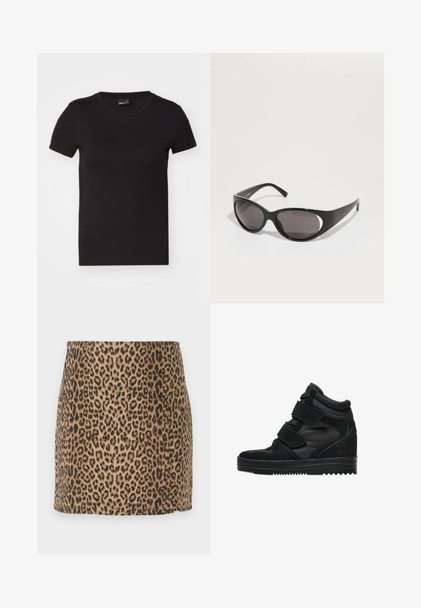 Čierne tričko s krátkym rukávom vyrobené z hladkej bavlny. Má okrúhly výstrih a priliehavý strih, bez viditeľných vzorov alebo grafiky.; Mini sukňa s leopardím vzorom, ktorá má priliehavý strih a hladkú textúru, pieskový podklad a čierne škvrny. Ukončenia lemu sú čisté a bez ozdôb.; Čierne vysoké tenisky vyrobené z semišu a sieťoviny, vybavené suchými zipsami, hladkým povrchom a štruktúrovanou gumovou podrážkou pre lepšiu priľnavosť.; Čierne slnečné okuliare s oválnymi šošovkami a elegantným dizajnom. Rám je lesklý a široký, s vykrojeným detailom po stranách.; Čierna kožená kabelka s vrkočovými uchami, zipsovou kapsou a zavesenými strapcami. Textúrovaný povrch s kovovými cvokmi a akcentmi z kovu.