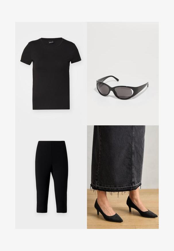 T-shirt nera a maniche corte realizzata in cotone morbidissimo. Presenta un collo tondo e un design aderente, senza motivi o grafiche visibili.; Pantaloni capri neri realizzati in tessuto elasticizzato, con un design aderente che termina appena sotto il ginocchio, caratterizzati da una texture liscia e senza cuciture visibili.; Décolleté in suede nero con punta affilata e tacco di 3 pollici, abbinati a una lunga gonna in denim scuro con dettagli di orlo sfrangiato.; Occhiali da sole neri con lenti ovali e un design elegante. Le montature sono lucide e larghe, con un dettaglio tagliato sui lati.; Borsa a tracolla in pelle nera con manici intrecciati, tasca con zip e nappine pendenti. Superficie texturizzata con borchie metalliche e dettagli in metallo.