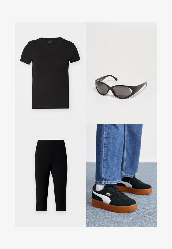 Čierne tričko s krátkym rukávom vyrobené z hladkej bavlny. Má okrúhly výstrih a priliehavý strih, bez viditeľných vzorov alebo grafiky.; Čierne capri nohavice z elastického materiálu s priliehavým strihom, ktoré končia tesne pod kolenami, majú hladký povrch a žiadne viditeľné švy.; Čierno-biele tenisky s jemným semišovým textúrom a gumovou podrážkou. Majú zlaté logo na boku a okrúhle šnúrky, nosené s modrými džínsami.; Čierne slnečné okuliare s oválnymi šošovkami a elegantným dizajnom. Rám je lesklý a široký, s vykrojeným detailom po stranách.; Čierna kožená kabelka s vrkočovými uchami, zipsovou kapsou a zavesenými strapcami. Textúrovaný povrch s kovovými cvokmi a akcentmi z kovu.