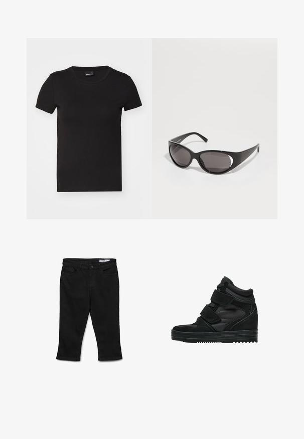 Crna majica kratkih rukava napravljena od glatkog pamuka. Ima okrugli izrez i kroj koji se tijesno prilagođava tijelu, bez vidljivih uzoraka ili grafika.; Crne traperice do koljena s ravnim krojem, dizajnom s pet džepova i prednjim zatvaranjem na dugme. Imaju prošiveni rub i glatku teksturu.; Crne visoke tenisice napravljene od antilopa i mrežastog materijala, s Velcro trakama, glatkom završnom obradom i teksturiranom gumenom potplatom za prianjanje.; Crne sunčane naočale s ovalnim lećama i modernim dizajnom. Okviri su sjajni i široki, s izrezanim detaljima sa strane.; Crna kožna torba s pletenim ručkama, džepom na zatvarač i visećim resicama. Teksturirana površina s metalnim zakovicama i hardverskim naglascima.