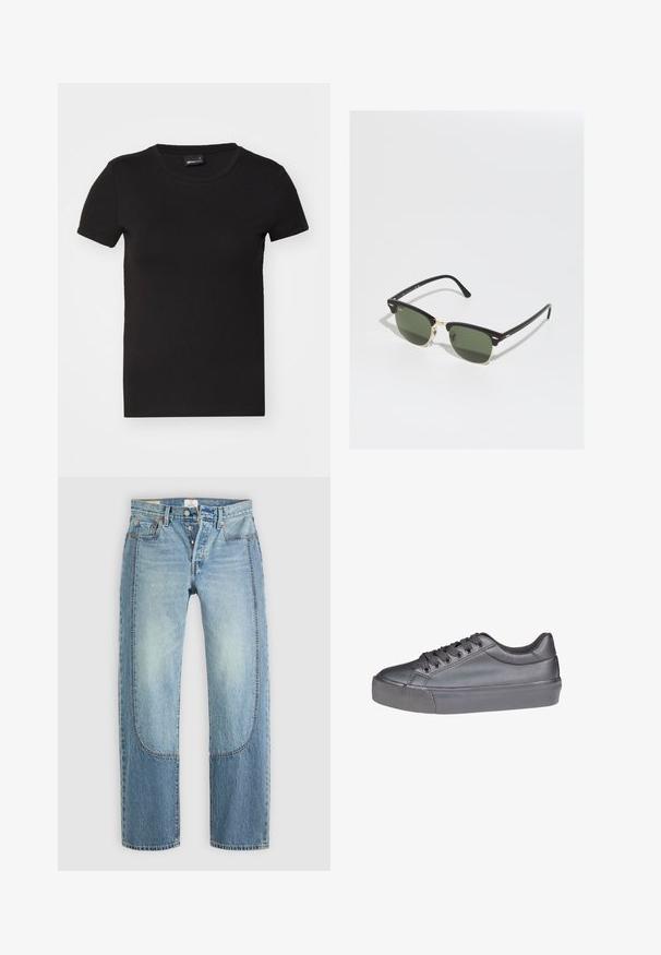 Must have lühikeste varrukatega must t-särk, mis on valmistatud siledast puuvillast. Omab ümmargust kaelust ja kitsast disaini, ilma nähtavate mustrite või graafikateta.; Heledad sinine teksapüks, otse ja laia lõikega, kontrastsete paneelide detailidega ning viie taskuga disain. Nööbiga sulgemine.; Must must nahkakingad sileda tallaga, ümmarguse varbaga ja nööpidesse seotud disainiga. Sile tekstuur koos peente tooniliste tikkimiste ja soonikute tallaga.; Must ja kullased prillid roheliste läätsedega, kassi silma kujuga, metallsete aktsentidega ja tekstureeritud raami. ; Mustast kootud nahast kott ümarate kujunditega, mitme punutud käepidemega, lukuga sulgemisega ja reguleeritava õlarihmaga. Tekstureeritud pind.