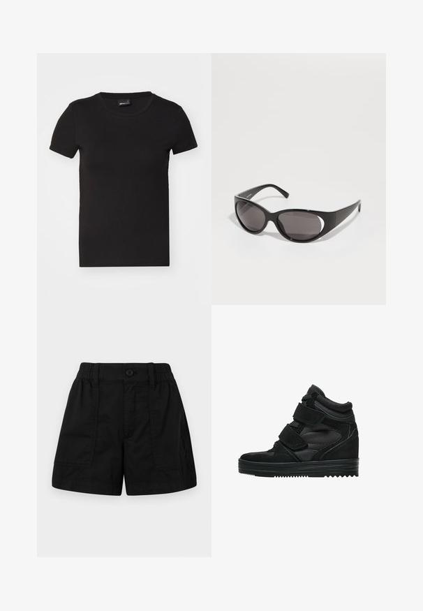 Schwarzes Kurzarm-T-Shirt aus glattem Baumwollstoff. Mit Rundhalsausschnitt und taillierter Passform, ohne sichtbare Muster oder Grafiken.; Schwarze Baumwollshorts mit einem elastischen Bund und einem Knopfverschluss, ausgestattet mit zwei Vordertaschen und einem geraden Schnitt. Glatte Textur.; Schwarze High-Top-Sneaker aus Wildleder und Mesh, ausgestattet mit Velcro-Riemen, einer glatten Oberfläche und einer strukturierten Gummisohle für besseren Halt.; Schwarze Sonnenbrille mit ovalen Gläsern und einem eleganten Design. Die Rahmen sind glänzend und breit und verfügen über eine Aussparung an den Seiten.; Schwarze Lederhandtasche mit geflochtenen Griffen, Reißverschlussfach und hängenden Quasten. Strukturiert Oberfläche mit Metallnieten und Hardware-Akzenten.