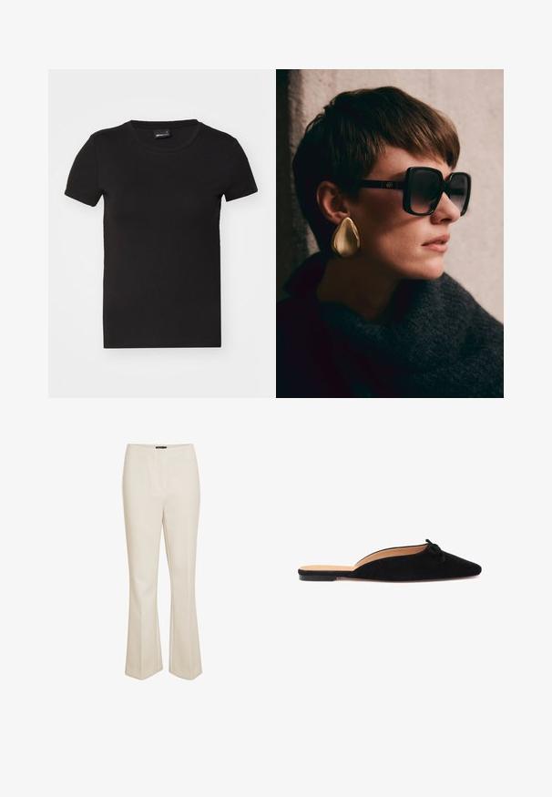 Mustat lyhythihaiset t-paidat, jotka on valmistettu sileästä puuvillasta. Ominaisuuksiin kuuluu pyöreä pääntie ja istuva muotoilu, ilman näkyviä kuvioita tai grafiikkaa.; Beige-höylätyt housut, jotka on valmistettu sileästä kankaasta. Niissä on lahje, joka levenee helmasta, ja keskimäinen vyötärö, jossa on huomaamaton etusauma.; Mustat mokkanahkakeksit, joissa on terävä kärki ja pieni koristeellinen nauha päällekkäin, litteällä pohjalla ja avoimella takana.; Mustat ylisuuret aurinkolasit tummilla linsseillä ja kullalla varustettuna, yhdistettynä suuriin, kiiltäviin kultatear-drop korvakoruihin. Tumma, tekstuurinen huivi.; Mustapintainen kudottu nahkalaukku, jossa on sileä pinta, varustettuna suorakulmaisella kilpikonnakuosisella soljella ja yhdellä olkahihnalla.