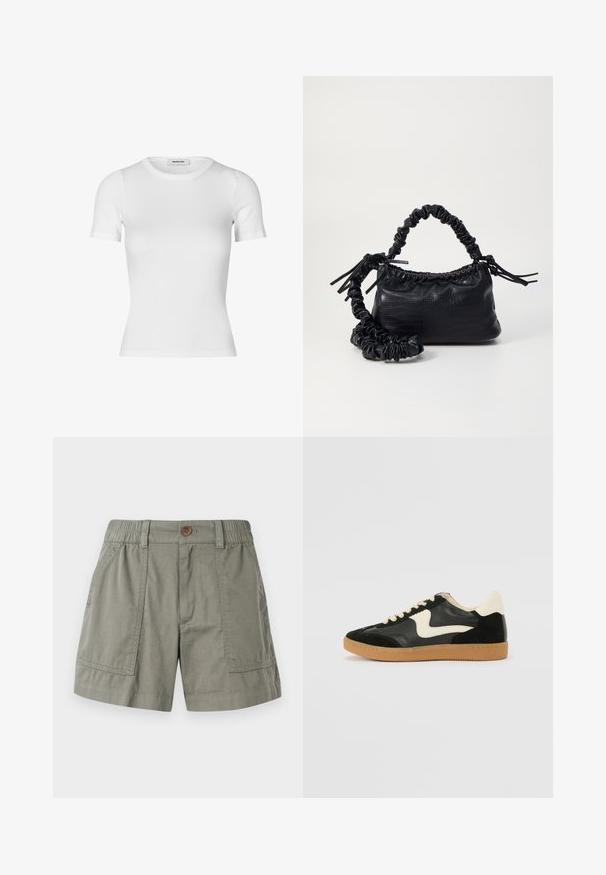 T-shirt blanc à manches courtes en coton côtelé. Design ajusté avec un col rond et une texture lisse. Sans motifs ni embellissements.; Chemise à carreaux noire et grise avec col, manches longues et coupe décontractée. Le tissu semble doux avec une légère texture.; Shorts vert olive clair en mélange de coton, dotés d'une taille élastique, de poches avant et d'une fermeture à un bouton.; Baskets en daim et cuir noir avec un swoosh latéral crème et un talon crème clair. Dotées de lacets beige et d'une semelle en caoutchouc gomme.; Sac à main en simili cuir noir avec une texture crocodile, un dessus resserré et une sangle froncée. A l'apparence douce et compacte.