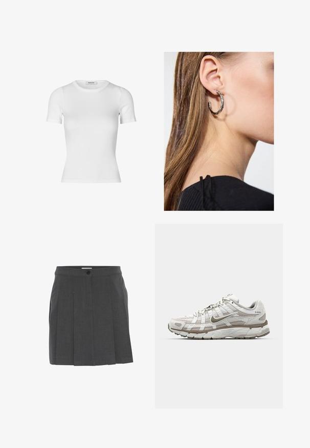 Bílé tričko s krátkým rukávem z žebrovaného materiálu. Má kulatý výstřih a přiléhavý střih. Hladká textura bez vzorů.; Šedá skládací sukně s páskem, se zapínáním na knoflíky na přední straně. Vyrobeno z texturované látky, navrženo pro přiléhavý střih.; Bílé sportovní boty s vrchním dílem z prodyšné síťoviny, zpěvněním v světle hnědé barvě a měkkou podrážkou. Obsahují zavazování na šňůrky a text na boku.; Stříbrný kruhový náušník s lesklým povrchem, zdobený malými zlatými akcenty, v kulatém tvaru, nošený na lalůčku.