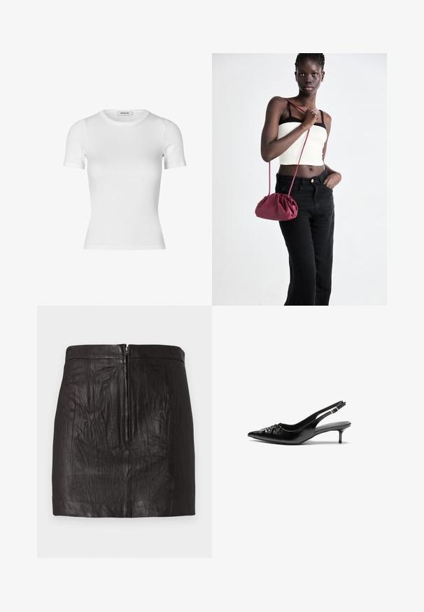 Hvit kortermet t-skjorte laget av ribbet materiale. Har rund hals og en tettsittende silhuett. Glatt tekstur uten mønstre.; Svart skinn mini-skjørt med glidelås foran og subtile vertikale sømdetaljer mot en ensfarget bakgrunn.; Sorte skinnert remsandaler med spiss tå, liten kittenhæl og en dekorativ knute detalj foran. Glatt tekstur gjennom hele.; Burgunderfarget myk stoffhåndveske med en samlet design og en lang stropp, båret som en crossover. Modellen har på seg en hvit crop-top og svarte jeans.