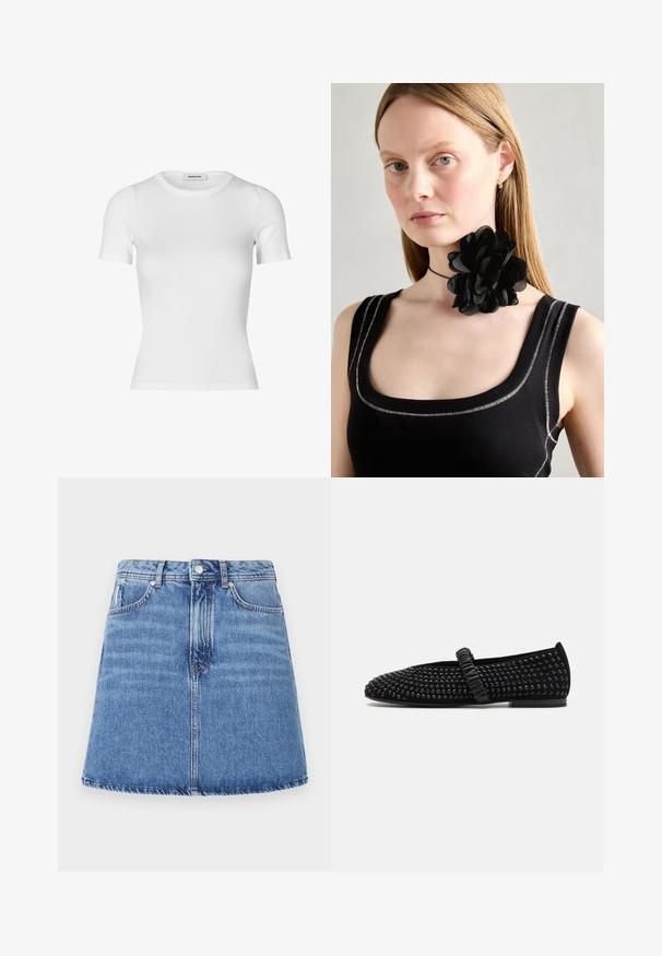 Witte t-shirt met korte mouwen, gemaakt van ribgewoven katoen. Aansluitend ontwerp met een ronde hals en een soepele textuur. Geen patronen of versieringen.; Jeansrok met een uitlopende A-lijn vorm, lichtblauwe wassing, twee voorkruiszakken en een knoopsluiting bij de taille. Stikseldetails zichtbaar.; Zwarte flatschoenen met een puntige neus, versierd met zwarte studs op de bovenkant, en een gathered band over de wreef. Rubberen zool.; Zwarte bloemen choker ketting gemaakt van gelaagde bloemblaadjes, gedragen met een zwarte ribgebreide tanktop met zilveren accenten langs de halslijn en schouders.