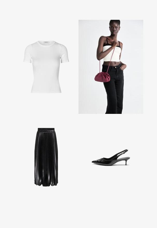 Valge lühikeste varrukatega T-särk, mis on valmistatud ribakujulisest puuvillast. Kintsu lähedane disain, ümmargune kaelus ja sile tekstuur. Ilma mustrite ja kaunistusteta.; Mustra musterkate midi-seelik läikiva viimistlusega, elastse vöökoha ja silmapaistvate vertikaalsete volditega, pakkudes tekstureeritud ja voolavat välimust.; Musthave nahkased kõrged kontsad, millel on terav varvas, väike kitten-kont ja dekoratiivne sõlm ees. Ühtlane sile tekstuur.; Burgundia pehmeast kangast käekott, millel on kokkuvõetud disain ja pikk rihm, kantud üle keha. Mudel kannab valget crop-topi ja musti teksaseid.