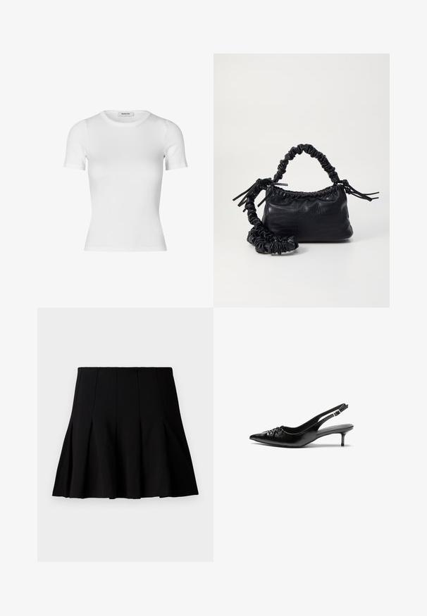 T-shirt bianco a maniche corte realizzato in cotone a coste. Design aderente con scollatura a girocollo e texture liscia. Senza motivi o decorazioni.; Gonna nera corta plissettata realizzata in un tessuto liscio. Presenta una cintura elastica e una silhouette svasata che arriva a metà coscia.; Tacchi slingback in pelle nera con punta affusolata, piccolo tacco kitten e un dettaglio a nodo decorativo sulla parte anteriore. Texture liscia su tutta la superficie.; Borsa a tracolla in ecopelle nera con texture a coccodrillo, apertura cinchata e tracolla arricciata. Si presenta con un design morbido e compatto.
