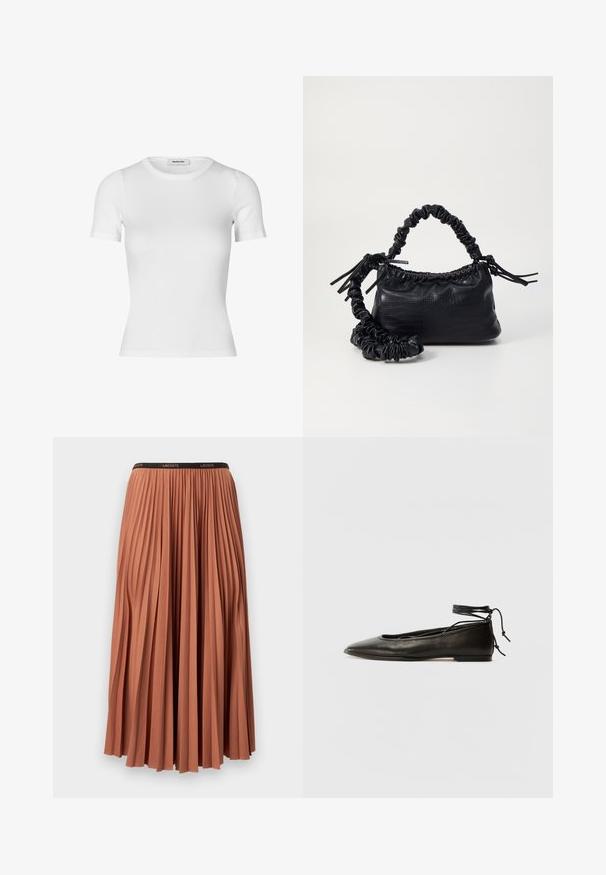 White short-sleeve t-shirt made of ribbed cotton fabric. Fitted design with a crew neckline and a smooth texture. No patterns or embellishments.; Pleated skirt in terracotta color with a black waistband, featuring vertical folds and a smooth texture. Length reaches mid-calf.; Black leather ballet flats with a pointed toe, ankle tie, and flat sole, featuring a smooth texture and minimalistic design.; Black faux leather handbag with a crocodile texture, cinched top, and a scrunched strap. Appears soft and compact in design.