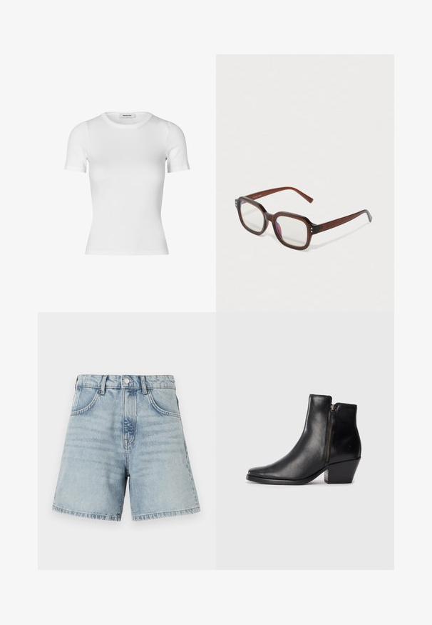 T-shirt blanc à manches courtes en coton côtelé. Design ajusté avec un col rond et une texture lisse. Sans motifs ni embellissements.; Shorts en denim bleu clair à taille haute, design à cinq poches et ourlet brut. Le tissu présente une légère décoloration avec des détails de couture visibles.; Bottines en cuir noir avec un bout pointu, une fermeture éclair sur le côté et un talon épais. Texture lisse et design minimaliste.; Lunettes rectangulaires translucides marron avec des verres transparents, une légère réflexion violette et de petits points décoratifs dorés aux coins avant.; Boucles d'oreilles en argent en forme de hoops avec une finition lisse et polie. Forme ronde avec un design légèrement courbé et des bords fondus. Fermeture à pin.