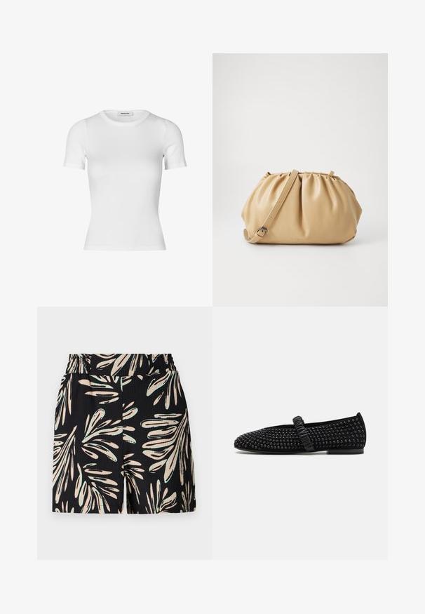 White short-sleeve t-shirt made of ribbed cotton fabric. Fitted design with a crew neckline and a smooth texture. No patterns or embellishments.; Black shorts featuring a leafy pattern in light beige and mint green, with a textured fabric and elastic waistband.; Black flat shoes with a pointed toe, adorned with black studs on the upper, featuring a gathered strap across the instep. Rubber sole.; Tan leather handbag with a pleated design, adjustable strap, and a rounded shape. Minimalistic branding on the front surface.