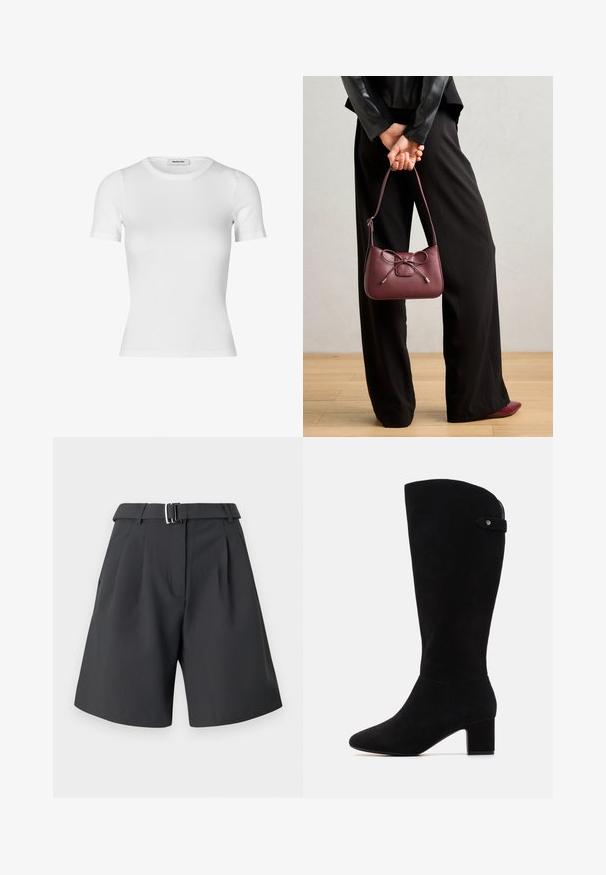 Weißes T-Shirt mit kurzen Ärmeln aus geripptem Baumwollstoff. Figurbetontes Design mit runder Ausschnitt und glatter Textur. Keine Muster oder Verzierungen.; Dunkelgraue Shorts aus glattem Stoff, mit einem gefalteten Vorderteil, einem definierten Bund mit einer metallischen Schnalle und seitlichen Taschen.; Schwarze Wildleder-Stiefel bis zum Knie mit spitzem Fuß und Blockabsatz. Sie verfügen über eine glatte Textur und ein einfaches Design, ergänzt durch einen seitlichen Riemenakzent.; Burgunderfarbene Ledertasche mit einer Schleifen-Applikation, ausgestattet mit einem schmalen Trageriemen und goldfarbenen Beschlägen, gehalten von einer Person, die schwarze Hosen trägt.