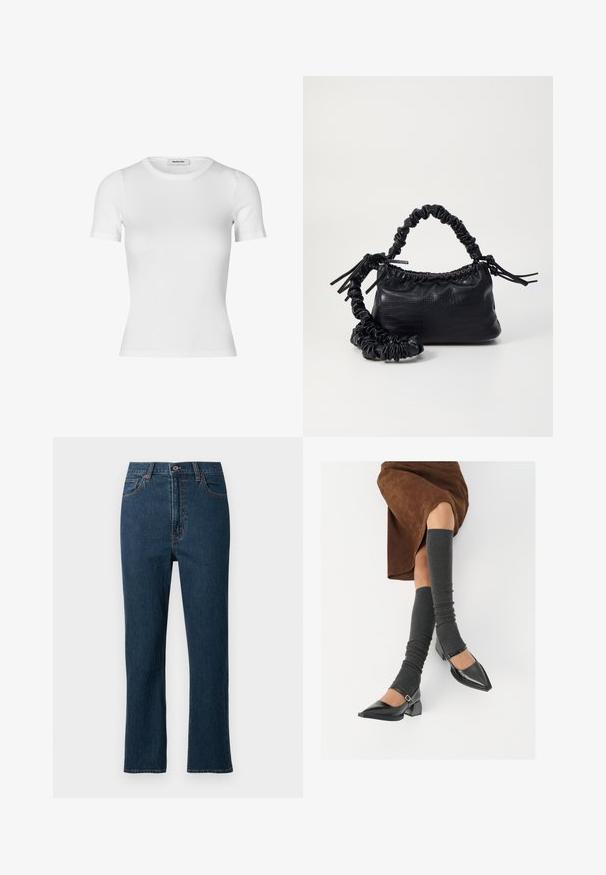 Biele tričko s krátkym rukávom vyrobené z rebrovaného materiálu. Má okrúhly výstrih a priliehavý strih. Hladká textúra bez vzorov.; Tmavomodré džínsy s rovnými nohavicami, so zapínaním na gombík, piatimi vreckami a kontrastným prešívaním. Hladká textúra.; Čierne lakované kožené topánky s špicatou špičkou, blokovým podpätkom a členkovým remienkom, ktoré sú kombinované so šedými rebrovanými legínami a hnedou zamšovou sukňou.; Čierna umelá kožená kabelka s kroko vzorom, sťahovaným vrchom a zhnutým popruhom. Vyzerá mäkko a kompaktné v dizajne.