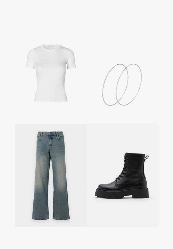 Valge lühikeste varrukatega T-särk, mis on valmistatud ribikangast. Omab ümarat kaelust ja istuvat siluetti. Sile tekstuur ilma mustriteta.; Sinised laiad denim teksad klassikalise viie tasku disainiga ja nupu-zip sulgemisega, millel on pleekinud pesu detailid reitel ja põlvadel.; Mustad mustad nahast pahkluu saapad ümarate varvastega, nööridega esiosas ja paksu kummist talla ning tekstuuritud mustriga. Tagumine tõmbeaas.; Hõbedased rõngastikkaehingad minimalistlikus disainis. Ümar kuju, sile tekstuur ja õhuke profiil. Kerged ning poleeritud viimistlusega.