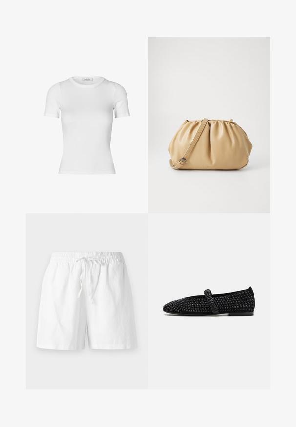 T-shirt bianco a maniche corte realizzato in cotone a coste. Design aderente con scollatura a girocollo e texture liscia. Senza motivi o decorazioni.; Shorts bianchi in cotone con vita elastica, dettaglio con cordoncino e vestibilità rilassata. Tessuto morbido e design alla ginocchio.; Scarpe flat nere con punta appuntita, decorate con borchie nere sulla parte superiore, dotate di una cinturino arricciato sulla sul collo del piede. Suola in gomma.; Borsa a tracolla in pelle color cuoio con design plissettato, tracolla regolabile e forma arrotondata. Branding minimalista sulla superficie frontale.