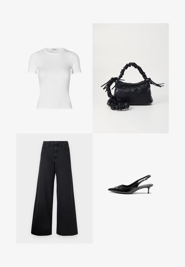 Cămașă albă cu mânecă scurtă din bumbac ribbed. Design ajustat cu decolteu rotund și o textură netedă. Fără modele sau aplicații.; Jeanși negri, cu picioare largi, talie înaltă și închidere frontală cu nasture, expuși pe un fundal simplu.; Cizme slingback din piele neagră, cu vârf ascuțit, toc mic de tip kitten heel și un detaliu decorativ sub formă de nod în față. Textură netedă pe întreaga suprafață.; Geantă din faux leather neagră cu textură de crocodil, cu partea superioară strânsă și o curea mototolită. Pare moale și compactă ca design.