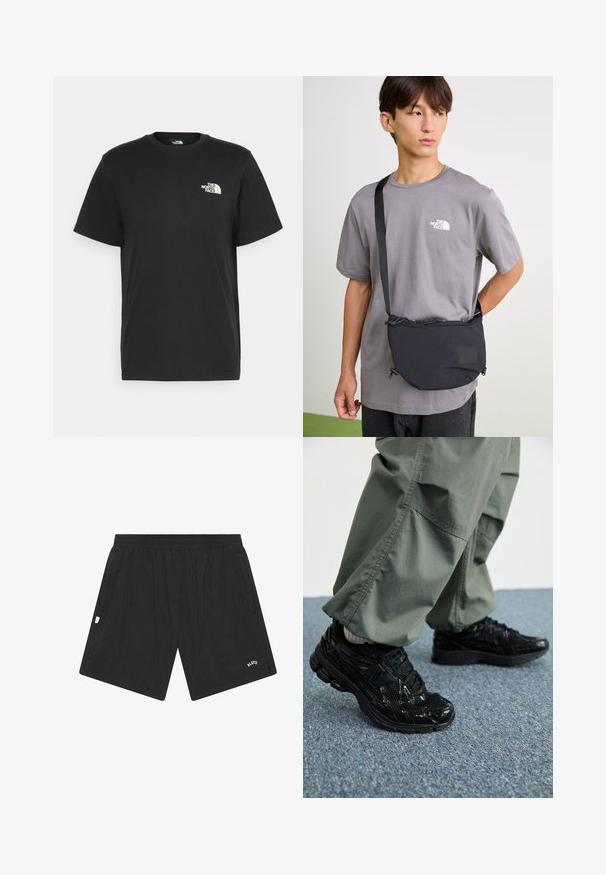 Camiseta de algodón negro con mangas cortas, cuello redondo y un pequeño logo blanco en el lado izquierdo del pecho. Diseño simple, textura suave y ajuste relajado.; Shorts deportivos negros hechos de un tejido ligero, con una cintura elástica, bolsillos laterales y un pequeño logo en la parte inferior delantera.; Zapatillas deportivas negras con texturas brillantes y de malla, que presentan una suela gruesa y cordones, combinadas con pantalones cargo holgados de color verde oliva.; Bolsa cruzada de nailon negro con correa ajustable, que presenta un cierre de cordón y un detalle del logo en relieve. Llevada sobre una camiseta gris.