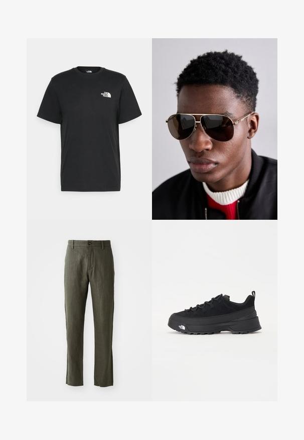 Camiseta de algodón negro con mangas cortas, cuello redondo y un pequeño logo blanco en el lado izquierdo del pecho. Diseño simple, textura suave y ajuste relajado.; Pantalones de lino verde oliva con corte recto, que cuentan con un cierre frontal de botón y bolsillos laterales. La tela tiene una apariencia texturizada.; Zapatilla negra de exterior con parte superior de ante, suela de goma texturizada y un sólido sistema de cordones. Cuenta con un talón reforzado y el logotipo de la marca en el lateral.; Gafas de sol marrones con detalles dorados y una franja verde-roja-verde en la patilla, llevadas con una chaqueta bomber negra sobre un suéter rojo y blanco.