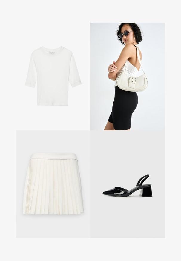 White, ribbed T-shirt with short sleeves and a round neckline. Soft texture, simple design, and a straight hemline. Brand label visible inside.; White pleated skirt with a smooth waistband, made of lightweight fabric. The pleats create texture and dimension throughout the garment.; Black patent leather slingback heels with a pointed toe and a geometric block heel. Features a sleek, minimal design and smooth texture.; White leather handbag with a curved shape, adjustable strap, and a small buckle detail. Model wears a fitted black outfit.