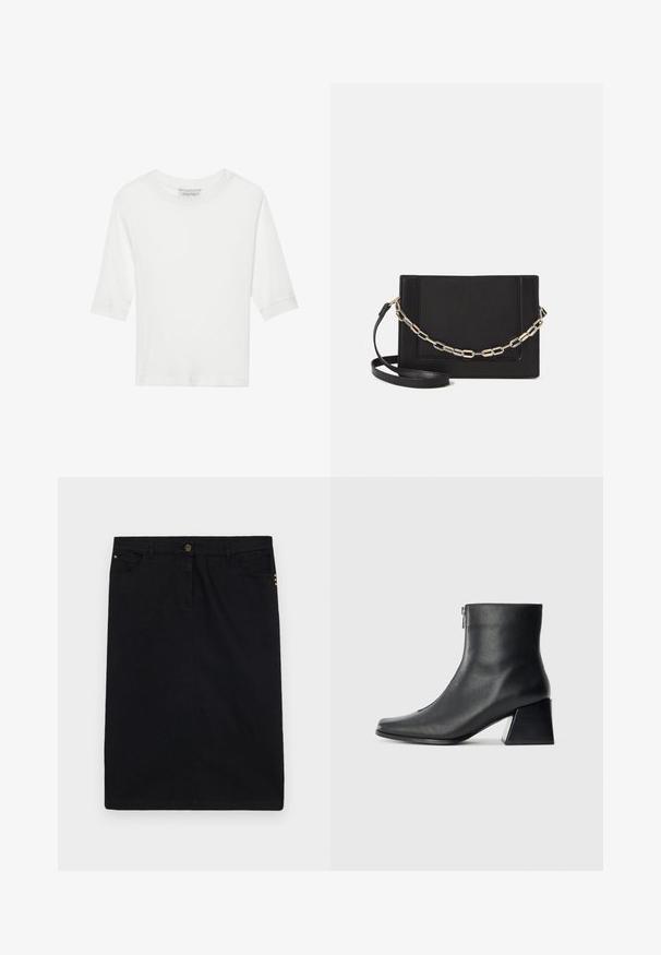 Fehér, bordázott póló rövid ujjakkal és kerek nyakkivágással. Puha textúra, egyszerű dizájn és egyenes alsó szegély. Márkacímke látható belül.; Fekete farmer szoknya egyenes szabású, elől gombos és cipzáras záródással, öt zsebbel és aranyszínű fémsorral az oldalon.; Fekete bőr bokacsizma négyzetes orral, oldalsó cipzárral és tömbsarkal, egyszínű világos háttér előtt.; Fekete bőr keresztpántos táska, sima textúrával, téglalap alakú és fém lánc részlettel az elején. Állítható pánttal ellátva.