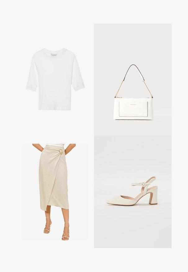 Balts, ribots T-kreklis ar īsām piedurknēm un apaļu kakla izgriezumu. Mīksta tekstūra, vienkāršs dizains un taisna apakšmala. Zīmola etiķete redzama iekšpusē.; Bēža aptinuma svārki, kas izgatavoti no teksturēta lina, ar unikālu zelta toni sprādzi akcentam un ceļgala garuma asimetrisku apakšmalu.; Punktēta purngala krēmkrāsas kurpe ar blokveida papēdi. Iezīmē plānu potītes siksniņu ar apaļu sprādzi un gludu ādas faktūru.; Baltā ādas rokassomu ar teksturētu apdari, ar zelta ķēdes siksnu un melniem akcentiem. Iekļauj priekšējo kabatu un aizdari ar rāvējslēdzēju.