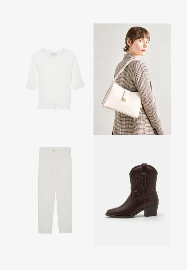 Balts, ribots T-kreklis ar īsām piedurknēm un apaļu kakla izgriezumu. Mīksta tekstūra, vienkāršs dizains un taisna apakšmala. Zīmola etiķete redzama iekšpusē.; Baltas, pielāgots bikses ar taisnu kāju dizainu, ar pogu aizdari, jostu cilpām un sānu kabatām; gluda auduma tekstūra.; Brūni ādas kovboju zābaki ar norādītām purngaliem, izdobiļa spārnu rakstiem, vidēji augstu bloku papēdi un cilpu aizmugurē.; Balta ādas rokassoma ar strukturētu dizainu, kurai ir magnētiska aizdare un plecu josta, parādīta uz neitrāla fona.