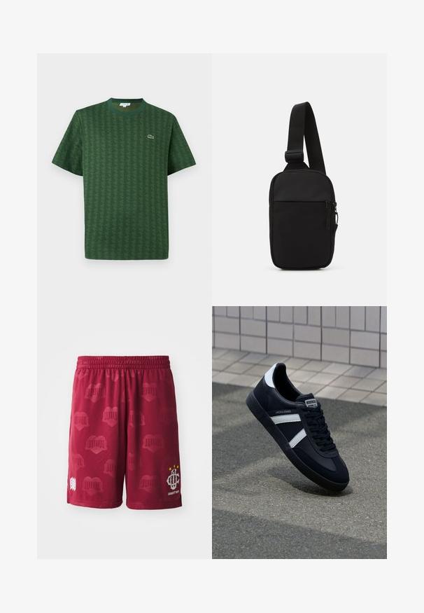 T-shirt vert en coton avec un motif géométrique texturé. Il présente un col rond côtelé et un petit logo sur la poitrine.; Shorts de sport bordeaux avec une taille élastique, présentant un motif subtil de cœurs et un logo blanc avec trois étoiles sur une jambe.; Sneaker en cuir noir avec des rayures blanches, semelle en caoutchouc texturée et devant à lacets. Présente une étiquette de marque sur la languette.; Sac bandoulière noir en tissu durable, avec une seule sangle ajustable, un compartiment principal zippé et une poche avant.; Collier en métal ton argent avec un design de chaîne tordue et un pendentif circulaire à la finition polie.