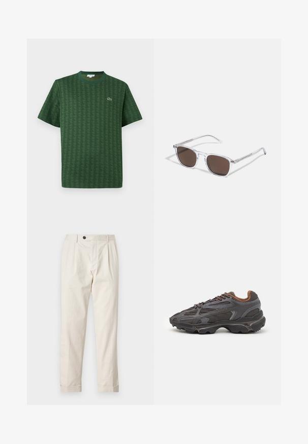 Camiseta verde de algodón con un patrón geométrico texturizado. Presenta un cuello redondo acanalado y un pequeño logo en el pecho.; Pantalones color crema con un corte ajustado, con cierre de un solo botón, frente plisado y dobladillos con puños. Fabricados en un tejido ligero.; Zapatillas Lacoste en gris oscuro con material de malla y sintético, que cuentan con una suela texturizada y detalles en marrón en el cuello y la marca.; Gafas de sol de plástico transparente con lentes marrones rectangulares, que cuentan con finas varillas transparentes y acentos metálicos en las patillas.