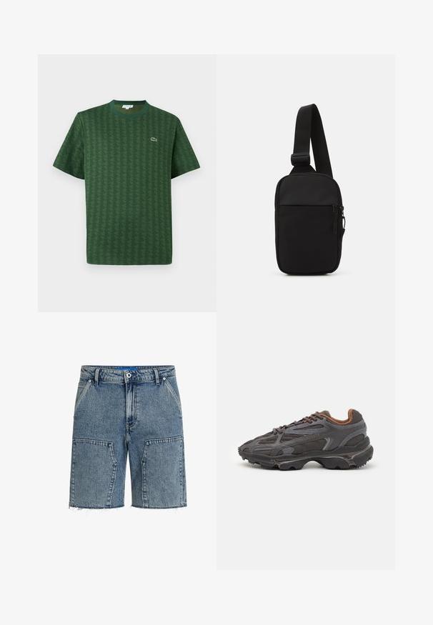 Zelené tričko vyrobené z bavlny s texturovaným geometrickým vzorem. Obsahuje žebrovaný kulatý výstřih a malé logo na hrudi.; Džínové šortky ve světle modré barvě, s volným střihem, třepeným lemem a velkými předními kapsami. Vyrobené z texturované džínoviny.; Sněrovací boty Lacoste v tmavě šedé barvě s síťovinou a syntetickým materiálem, prezentující texturovanou podrážku a hnědé detaily na límci a logu.; Černá crossbody taška vyrobená z odolné tkaniny, s jedním nastavitelným popruhem, zapínacím hlavním oddělením a přední kapsou.