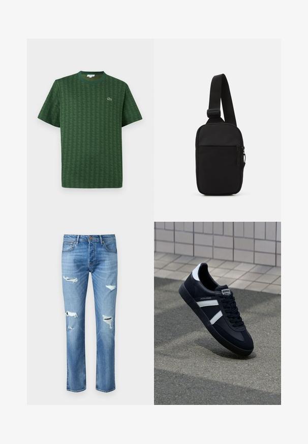 Roheline puuvillasärk, millel on tekstureeritud geomeetriline muster. Särgil on soonikuga ümmargune kaelus ja väike logo rinnal.; Heledad sinine denim püksid otse lõikega, millel on mitu kulunud ala ja frayed detailid põlvedel. Vaskaktsendid.; Must have musta sneaker musta valgete triipudega, tekstuurne kummitald ja nööridega esiosa. Omab bränditud märki keele peal.; Mustmust crossbody kott mustekangast, millel on üks reguleeritav rihm, lukuga põhiosas ja eesmine tasku.